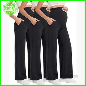 Maternity Yoga Pants 3-Pack Wide Leg Stretchy with Pockets Over Belly